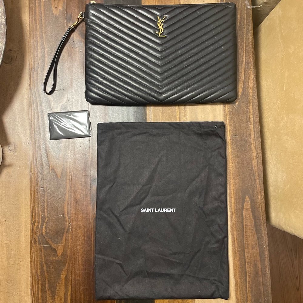 Monogram YSL Large Chevron Quilted Flat Wristlet Pouch Black